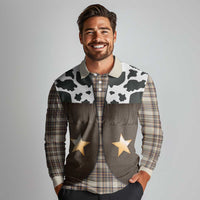 Cowboy Vest Costume Long Sleeve Polo Shirt Brown Beige Plaid Pattern - Wonder Print Shop