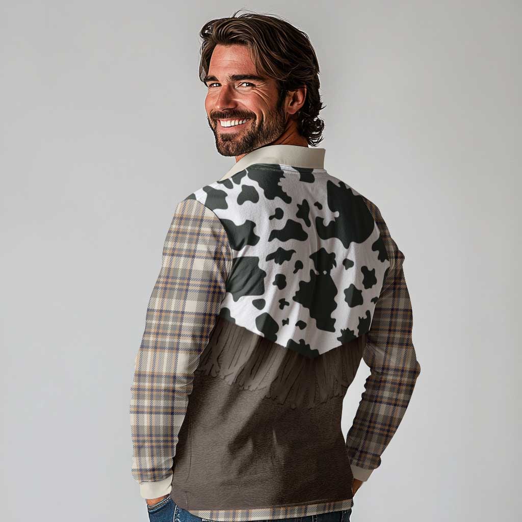 Cowboy Vest Costume Long Sleeve Polo Shirt Brown Beige Plaid Pattern - Wonder Print Shop