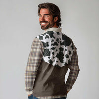 Cowboy Vest Costume Long Sleeve Polo Shirt Brown Beige Plaid Pattern - Wonder Print Shop