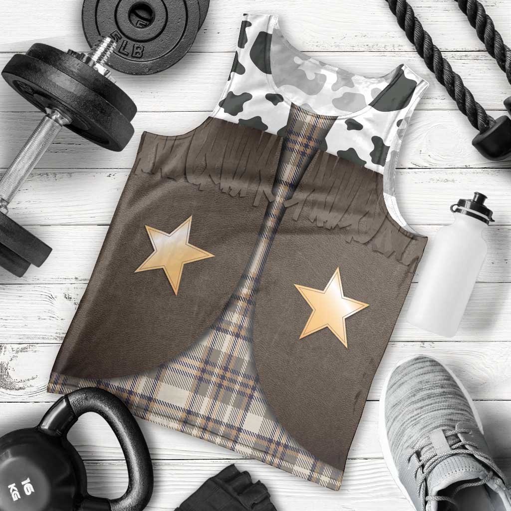 Cowboy Vest Costume Men Tank Top Brown Beige Plaid Pattern - Wonder Print Shop