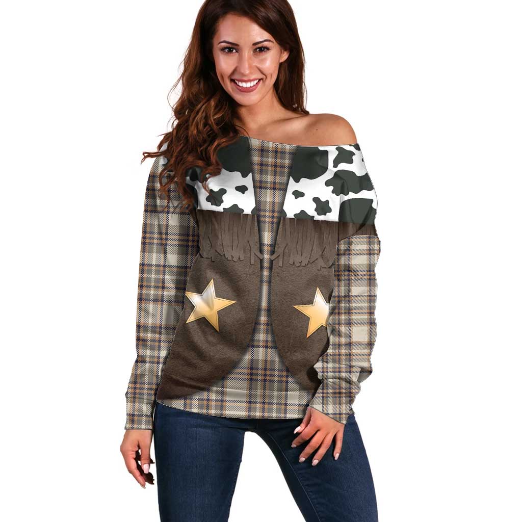 Cowboy Vest Costume Off Shoulder Sweater Brown Beige Plaid Pattern - Wonder Print Shop