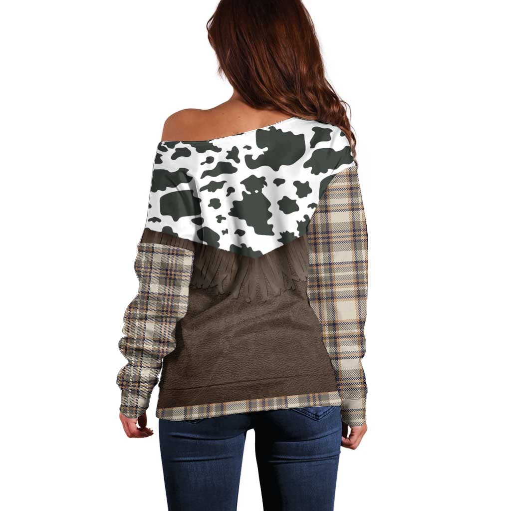 Cowboy Vest Costume Off Shoulder Sweater Brown Beige Plaid Pattern - Wonder Print Shop
