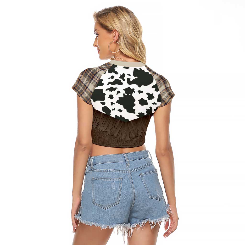 Cowboy Vest Costume Raglan Cropped T Shirt Brown Beige Plaid Pattern - Wonder Print Shop