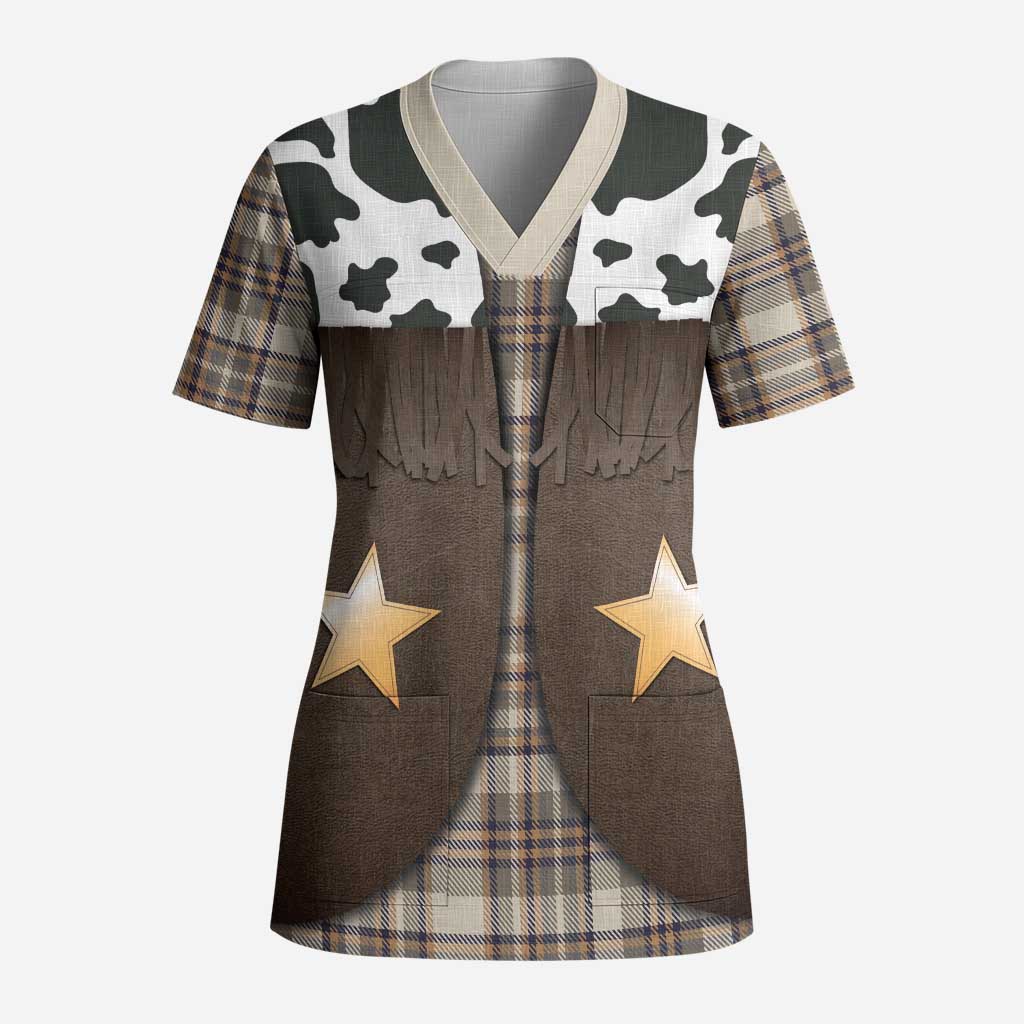 Cowboy Vest Costume Scrub Top Brown Beige Plaid Pattern - Wonder Print Shop