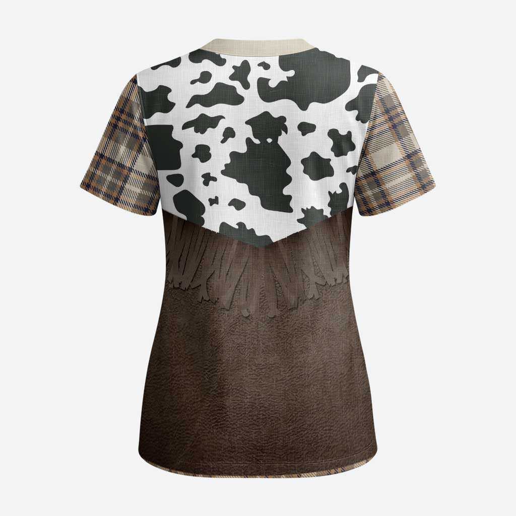 Cowboy Vest Costume Scrub Top Brown Beige Plaid Pattern - Wonder Print Shop