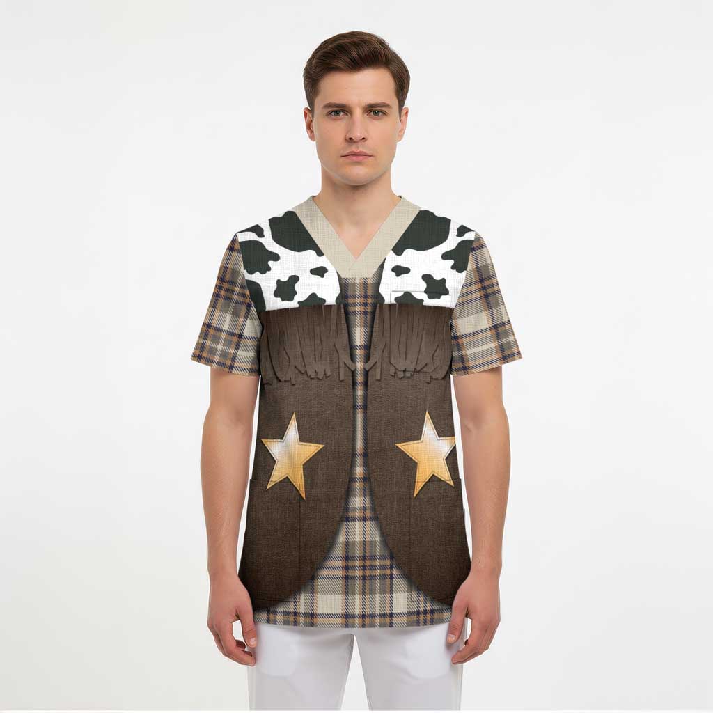 Cowboy Vest Costume Scrub Top Brown Beige Plaid Pattern - Wonder Print Shop