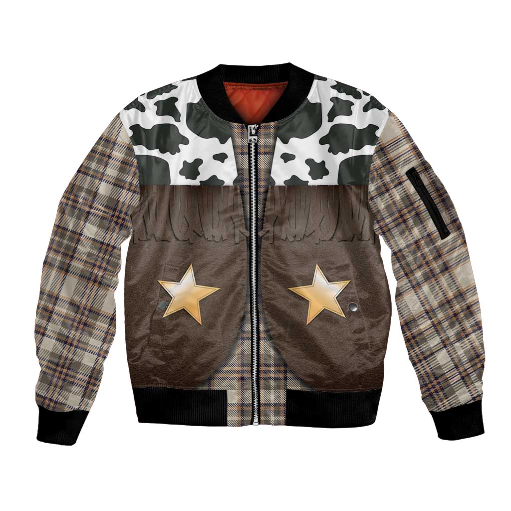 Cowboy Vest Costume Sleeve Zip Bomber Jacket Brown Beige Plaid Pattern - Wonder Print Shop