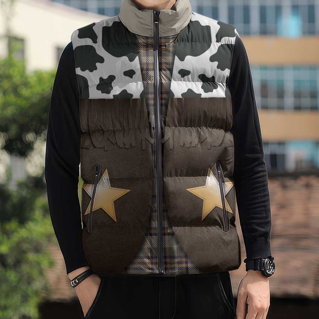 Cowboy Vest Costume Sleeveless Puffer Jacket Brown Beige Plaid Pattern - Wonder Print Shop