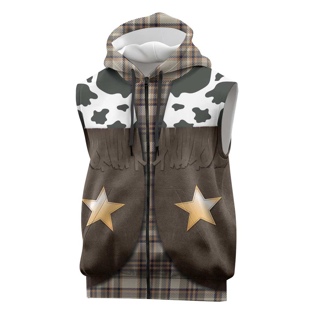 Cowboy Vest Costume Sleeveless Zip Hoodie Brown Beige Plaid Pattern - Wonder Print Shop
