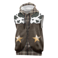 Cowboy Vest Costume Sleeveless Zip Hoodie Brown Beige Plaid Pattern - Wonder Print Shop