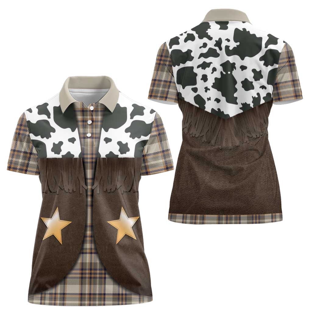 Cowboy Vest Costume Women Polo Shirt Brown Beige Plaid Pattern - Wonder Print Shop