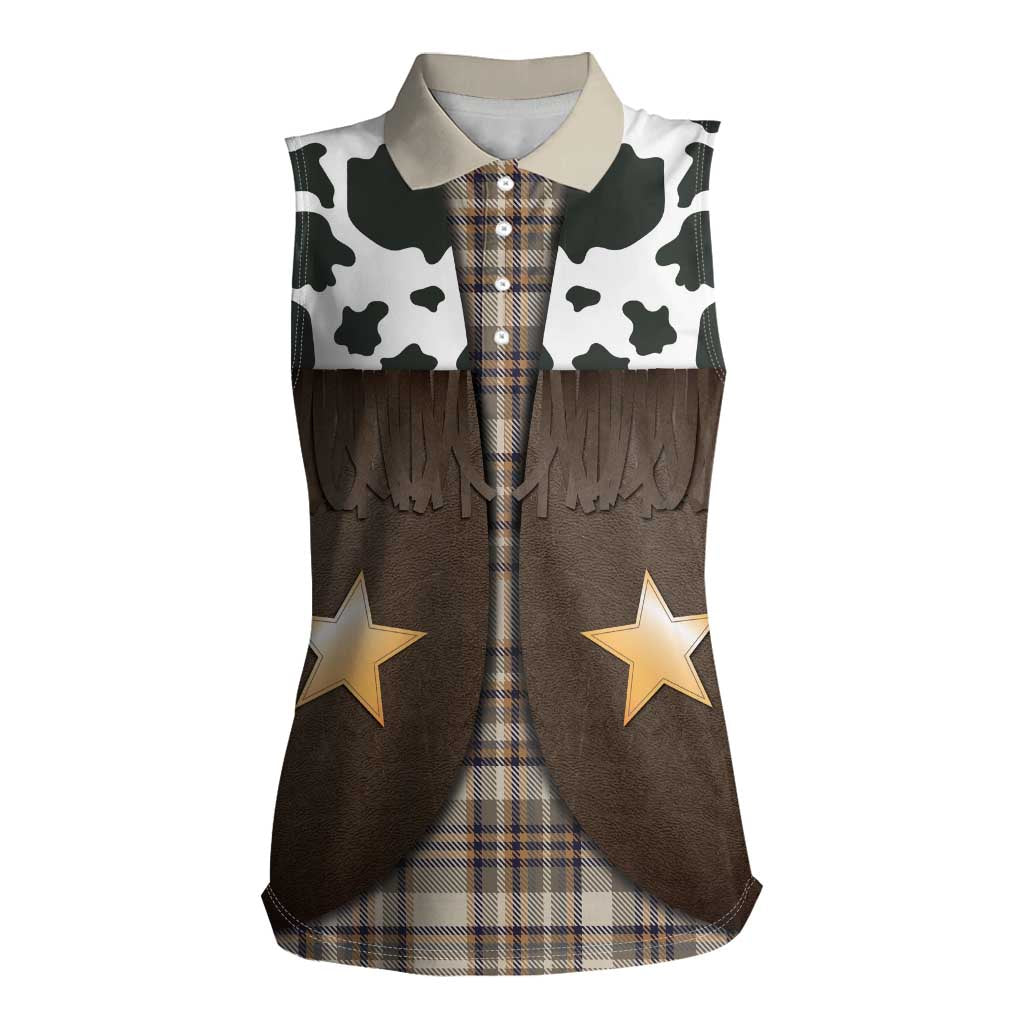 Cowboy Vest Costume Women Sleeveless Polo Shirt Brown Beige Plaid Pattern - Wonder Print Shop