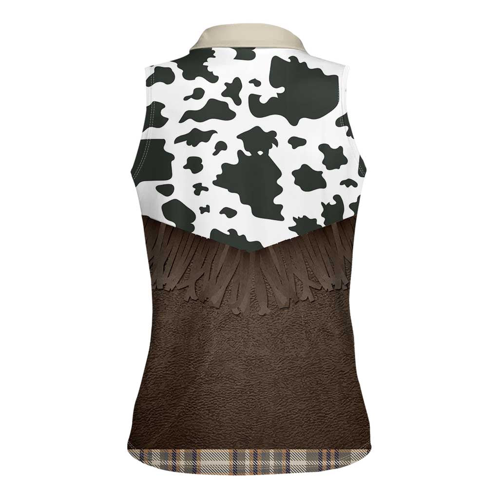 Cowboy Vest Costume Women Sleeveless Polo Shirt Brown Beige Plaid Pattern - Wonder Print Shop
