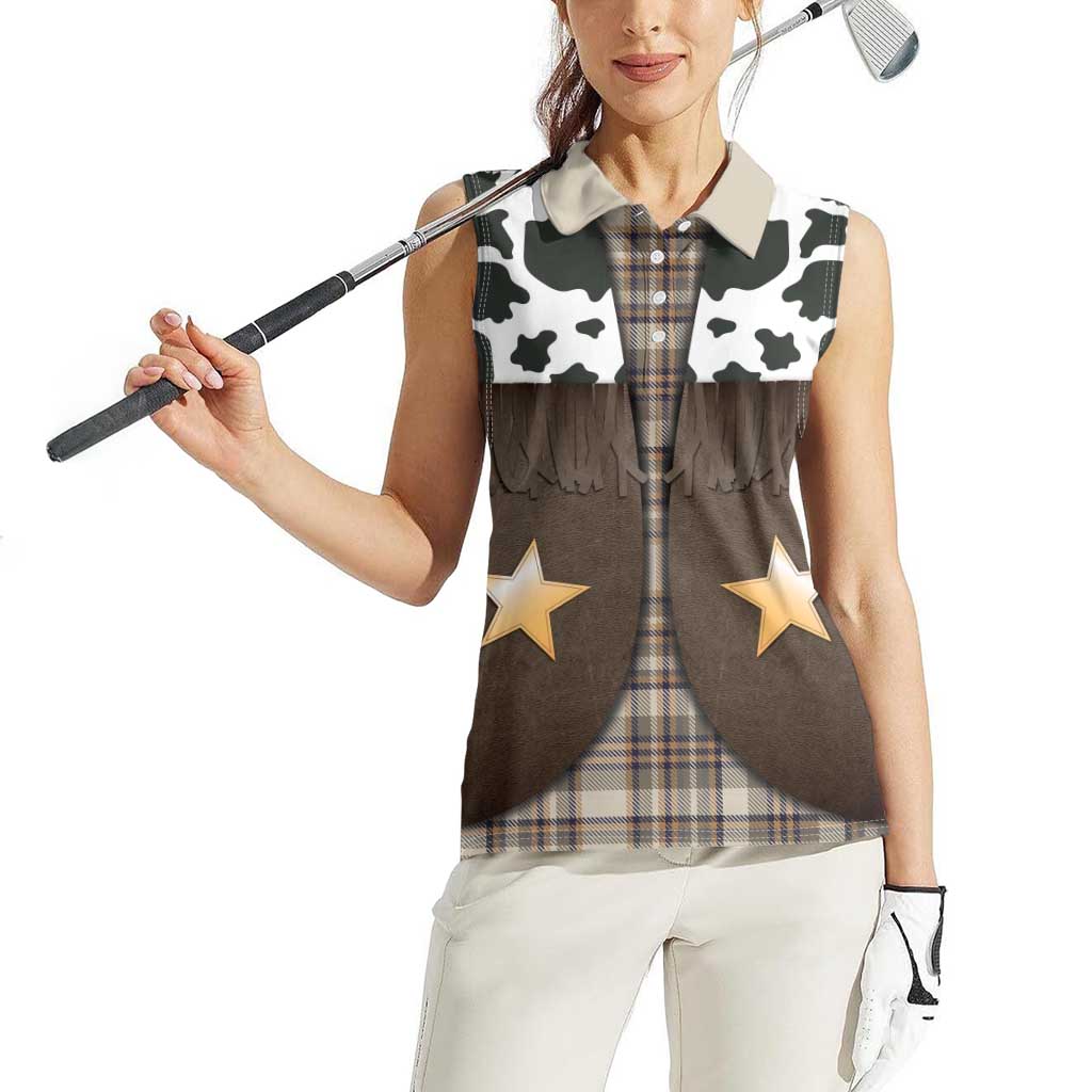 Cowboy Vest Costume Women Sleeveless Polo Shirt Brown Beige Plaid Pattern - Wonder Print Shop