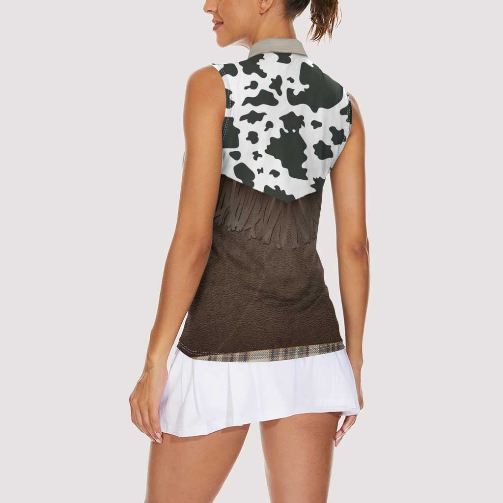 Cowboy Vest Costume Women Sleeveless Polo Shirt Brown Beige Plaid Pattern - Wonder Print Shop