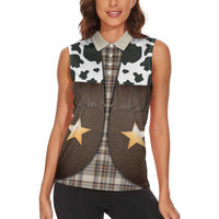 Cowboy Vest Costume Women Sleeveless Polo Shirt Brown Beige Plaid Pattern - Wonder Print Shop