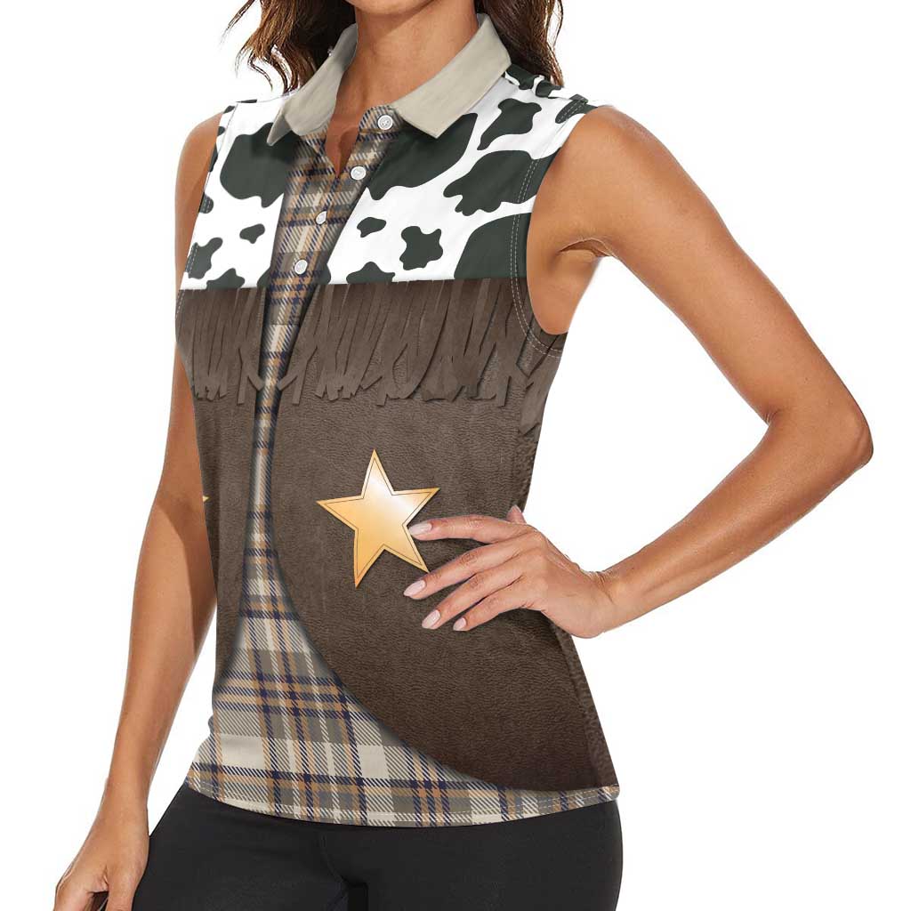 Cowboy Vest Costume Women Sleeveless Polo Shirt Brown Beige Plaid Pattern - Wonder Print Shop