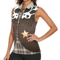 Cowboy Vest Costume Women Sleeveless Polo Shirt Brown Beige Plaid Pattern - Wonder Print Shop