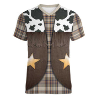 Cowboy Vest Costume Women V-Neck T-Shirt Brown Beige Plaid Pattern - Wonder Print Shop