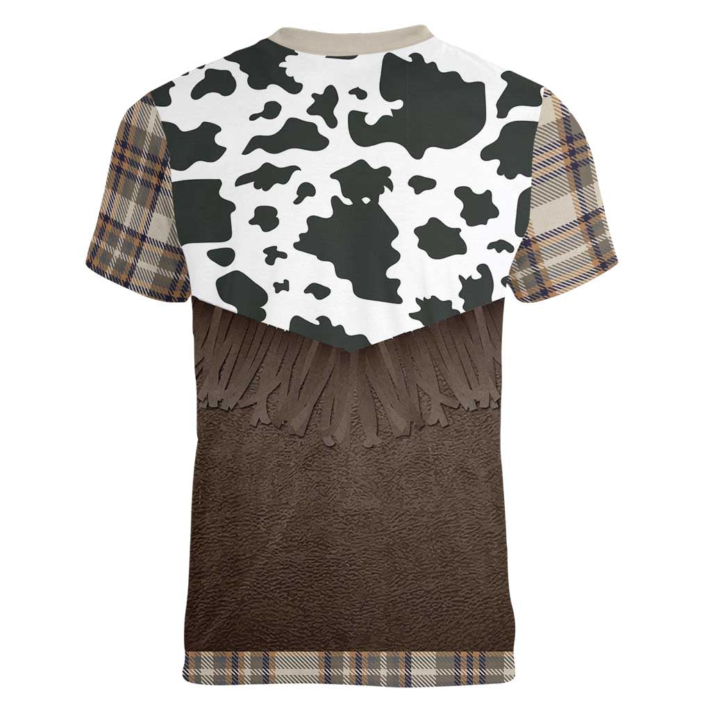 Cowboy Vest Costume Women V-Neck T-Shirt Brown Beige Plaid Pattern - Wonder Print Shop