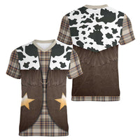 Cowboy Vest Costume Women V-Neck T-Shirt Brown Beige Plaid Pattern - Wonder Print Shop