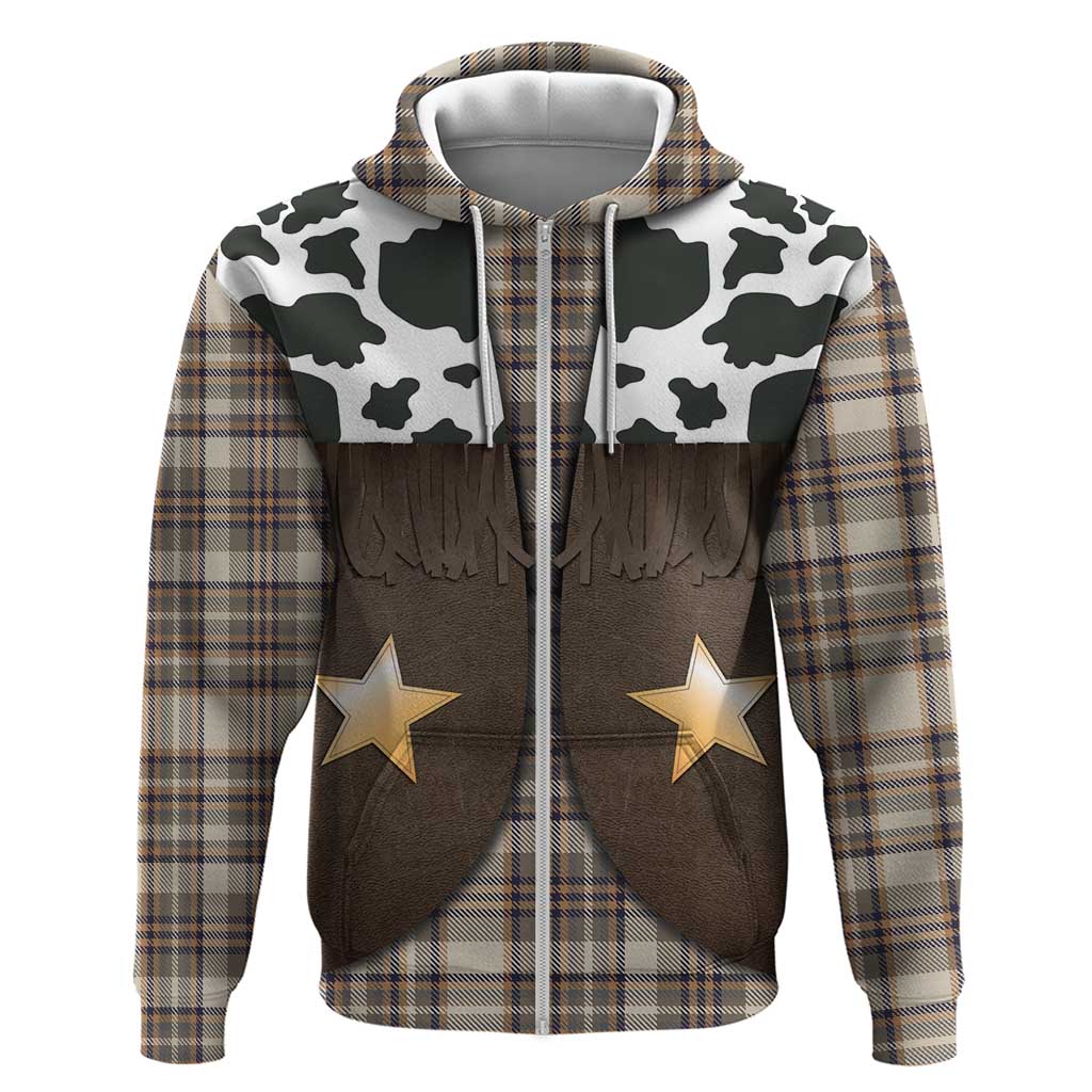 Cowboy Vest Costume Zip Hoodie Brown Beige Plaid Pattern - Wonder Print Shop