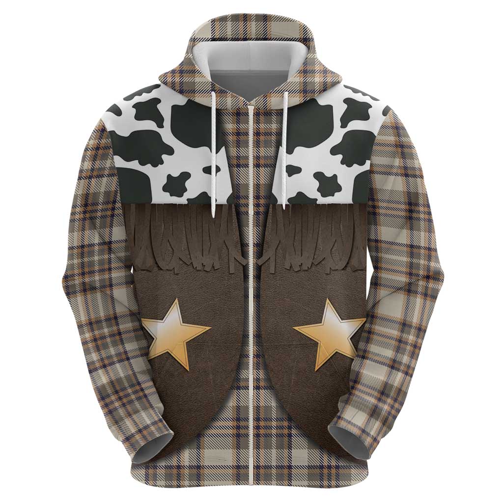 Cowboy Vest Costume Zip Hoodie Brown Beige Plaid Pattern - Wonder Print Shop