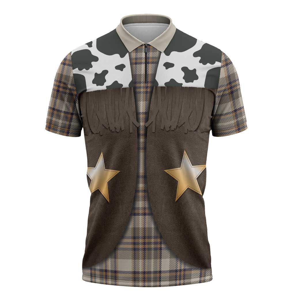 Cowboy Vest Costume Zipper Polo Shirt Brown Beige Plaid Pattern - Wonder Print Shop