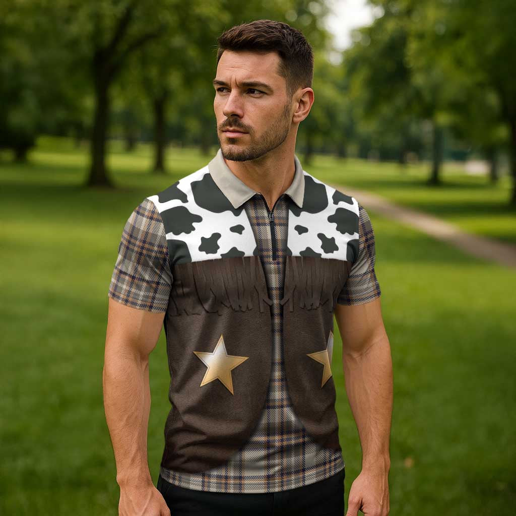Cowboy Vest Costume Zipper Polo Shirt Brown Beige Plaid Pattern - Wonder Print Shop