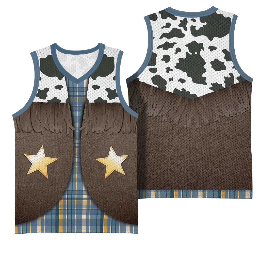 Cowboy Vest Costume Basketball Jersey Blue Yellow Plaid Pattern - Wonder Print Shop