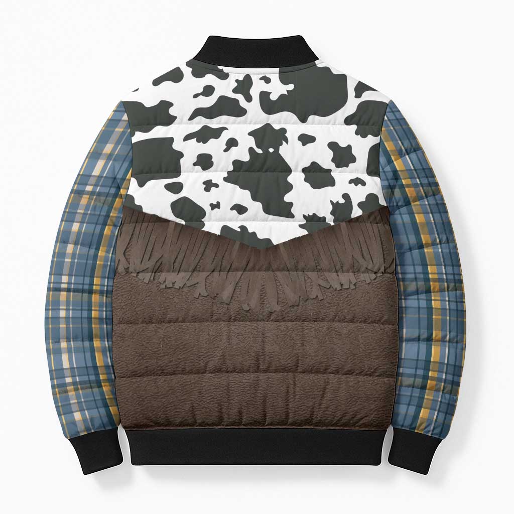 Cowboy Vest Costume Bomber Puffer Jacket Blue Yellow Plaid Pattern - Wonder Print Shop