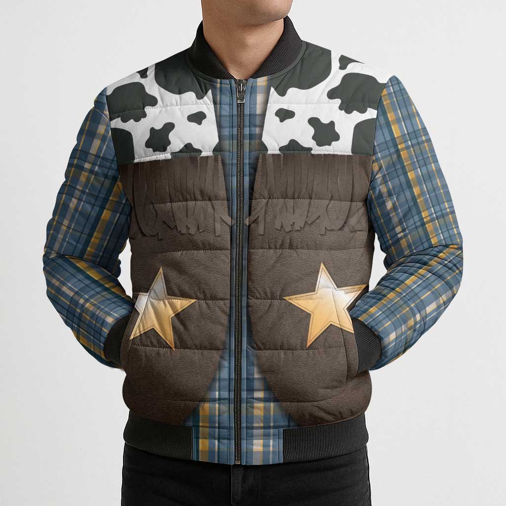 Cowboy Vest Costume Bomber Puffer Jacket Blue Yellow Plaid Pattern - Wonder Print Shop