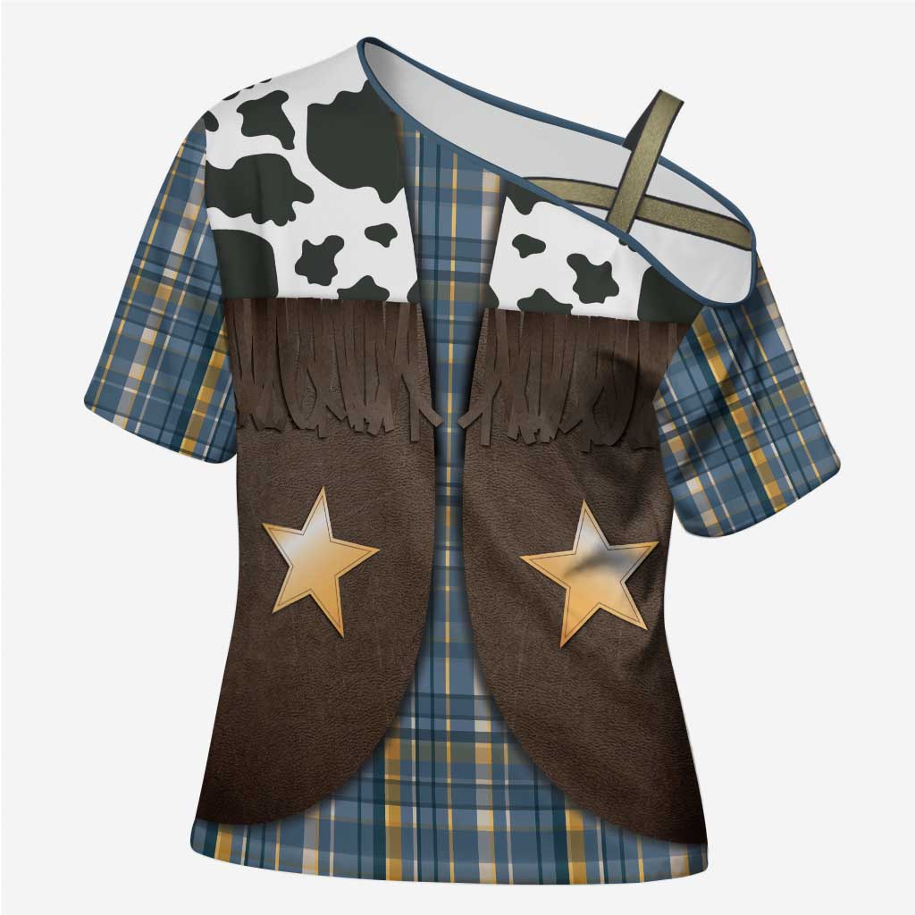 Cowboy Vest Costume Cross Shoulder Shirt Blue Yellow Plaid Pattern - Wonder Print Shop