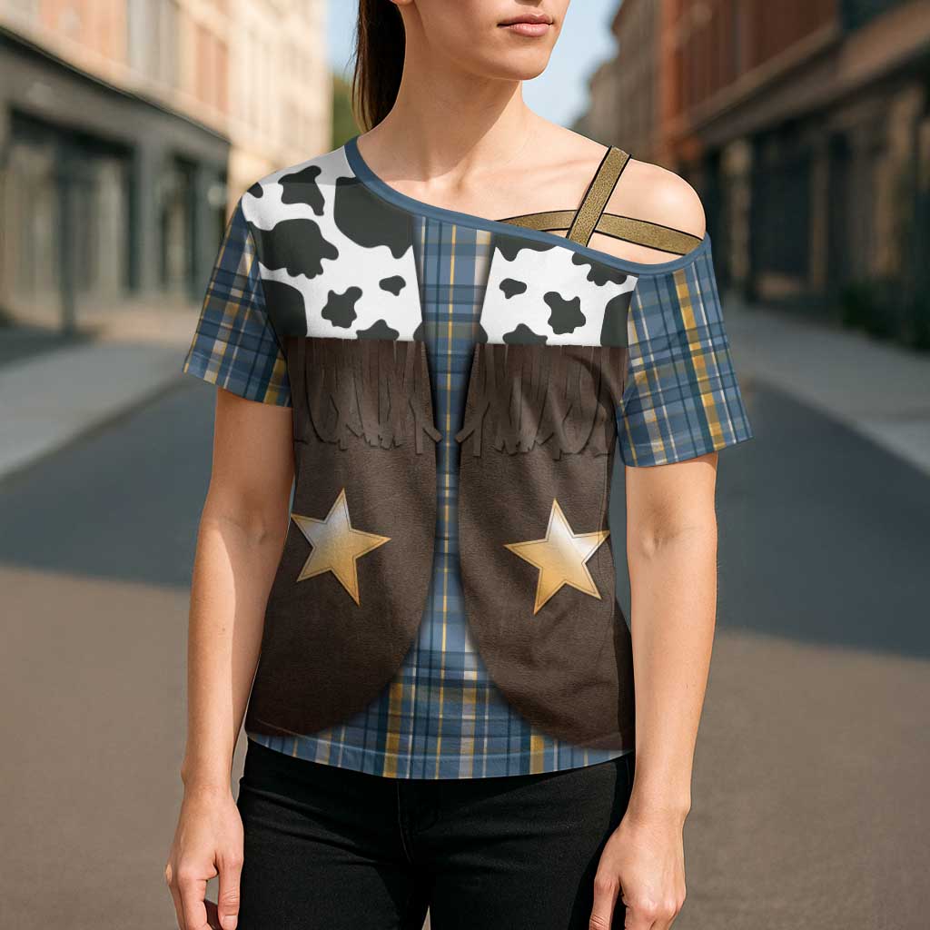 Cowboy Vest Costume Cross Shoulder Shirt Blue Yellow Plaid Pattern - Wonder Print Shop