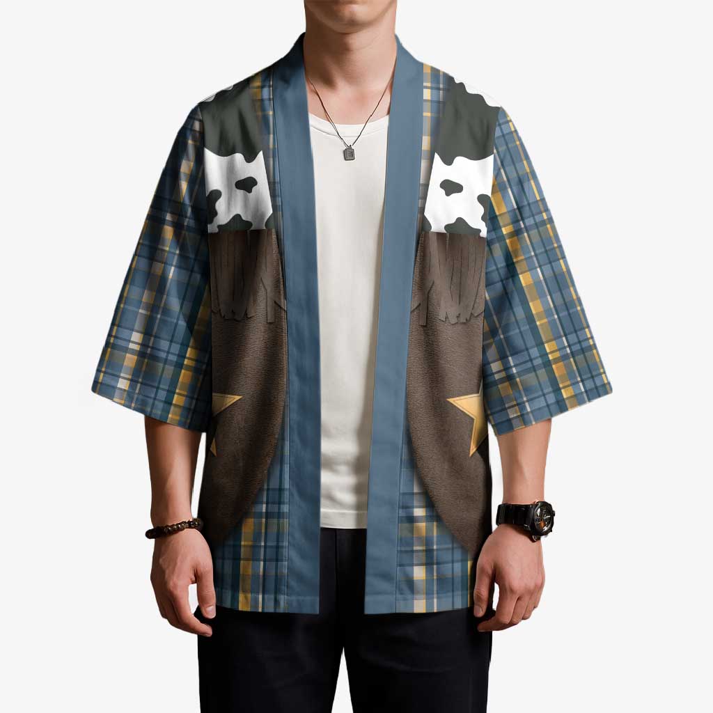 Cowboy Vest Costume Kimono Blue Yellow Plaid Pattern - Wonder Print Shop