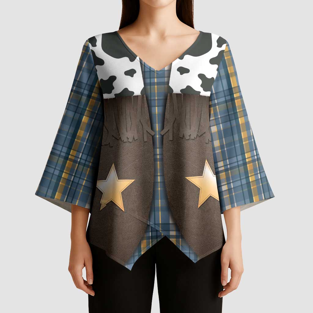Cowboy Vest Costume Kimono Sleeve Blouse Blue Yellow Plaid Pattern - Wonder Print Shop