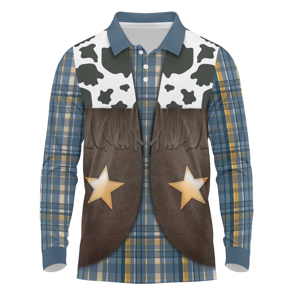 Cowboy Vest Costume Long Sleeve Polo Shirt Blue Yellow Plaid Pattern - Wonder Print Shop