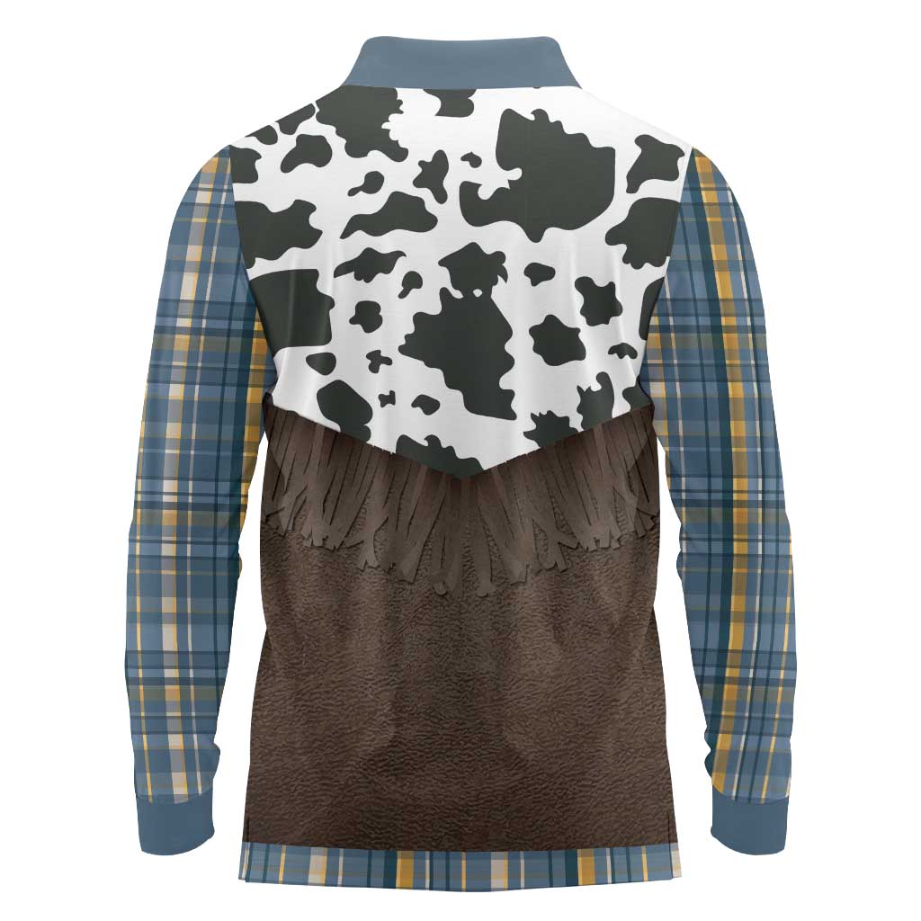Cowboy Vest Costume Long Sleeve Polo Shirt Blue Yellow Plaid Pattern - Wonder Print Shop