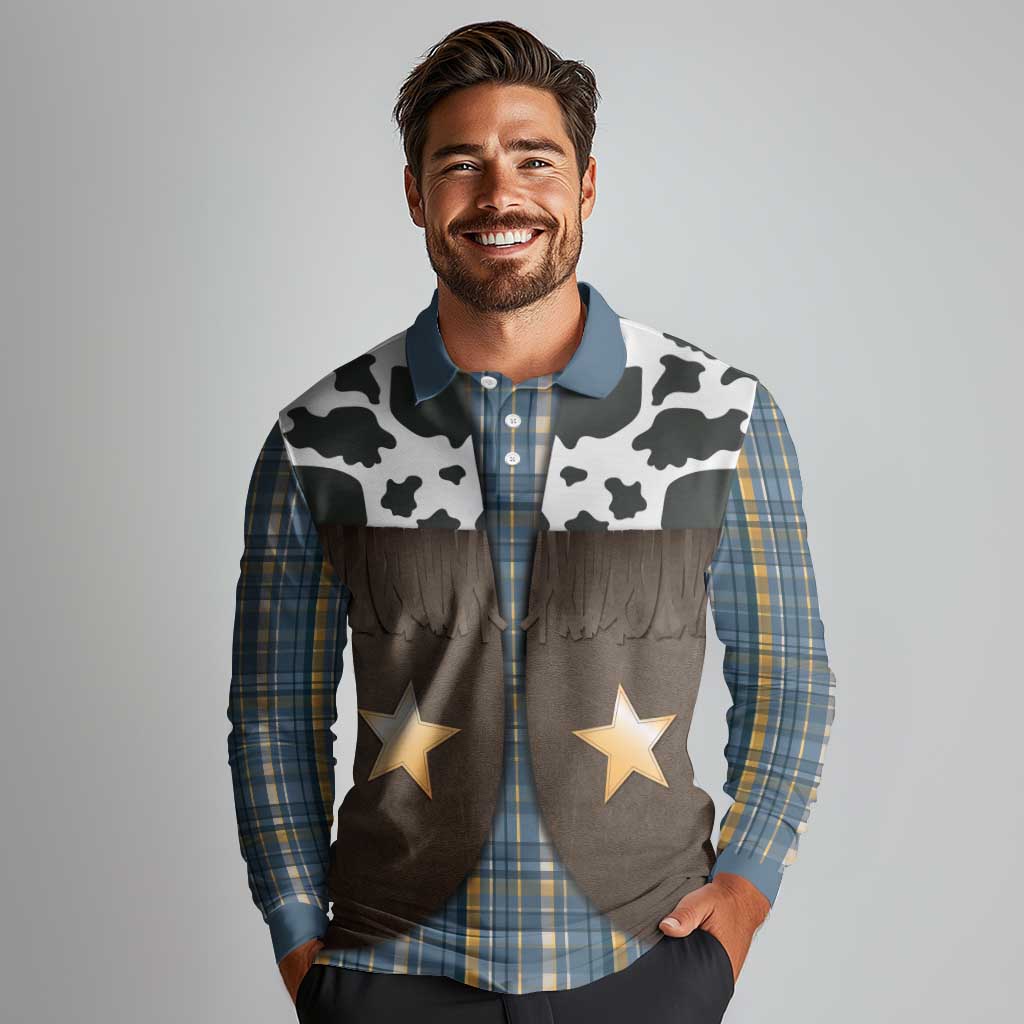 Cowboy Vest Costume Long Sleeve Polo Shirt Blue Yellow Plaid Pattern - Wonder Print Shop