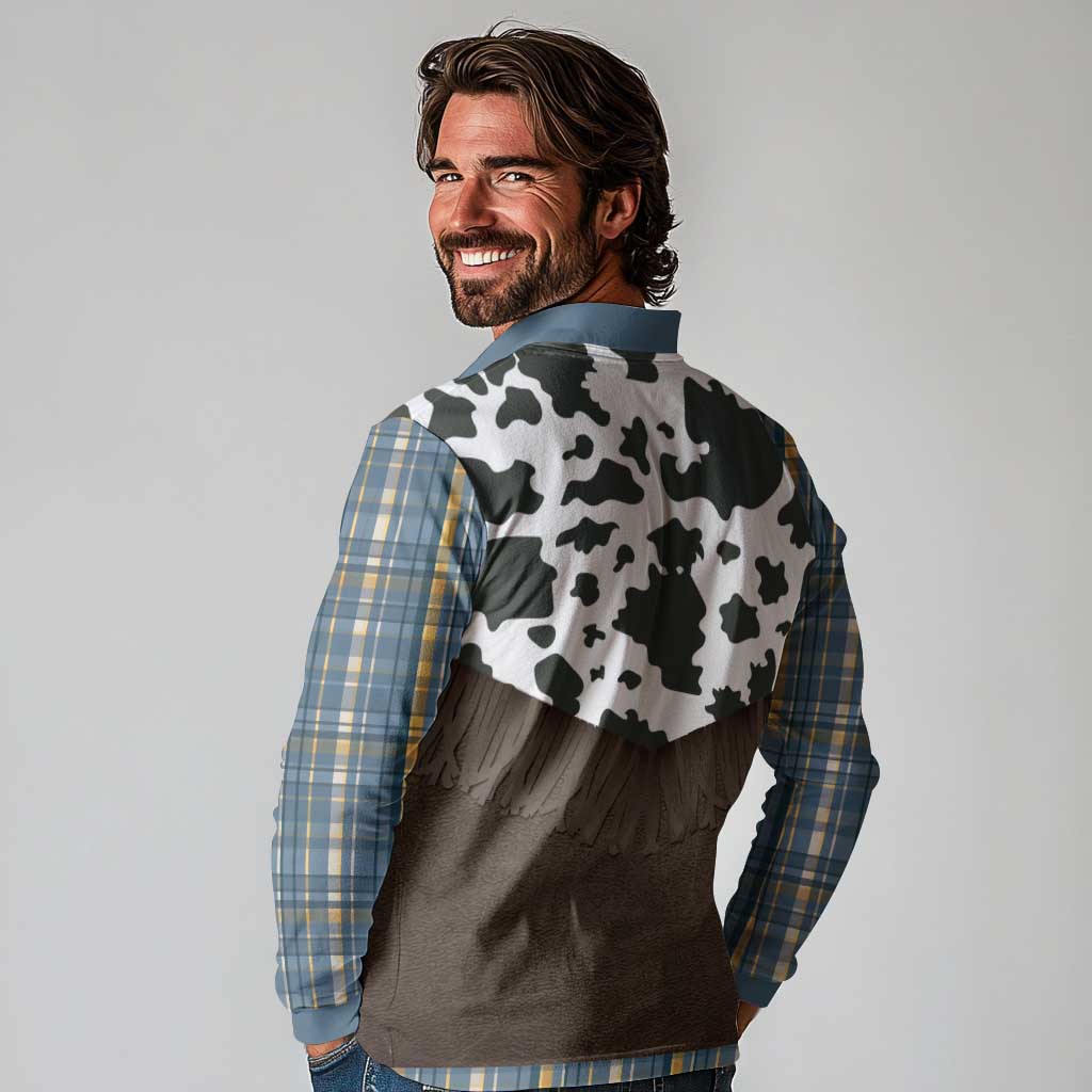 Cowboy Vest Costume Long Sleeve Polo Shirt Blue Yellow Plaid Pattern - Wonder Print Shop