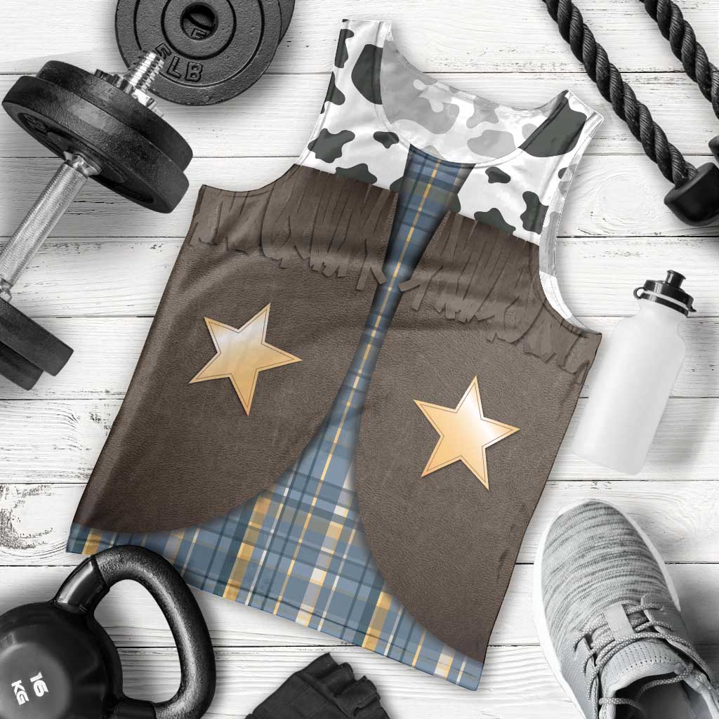 Cowboy Vest Costume Men Tank Top Blue Yellow Plaid Pattern - Wonder Print Shop