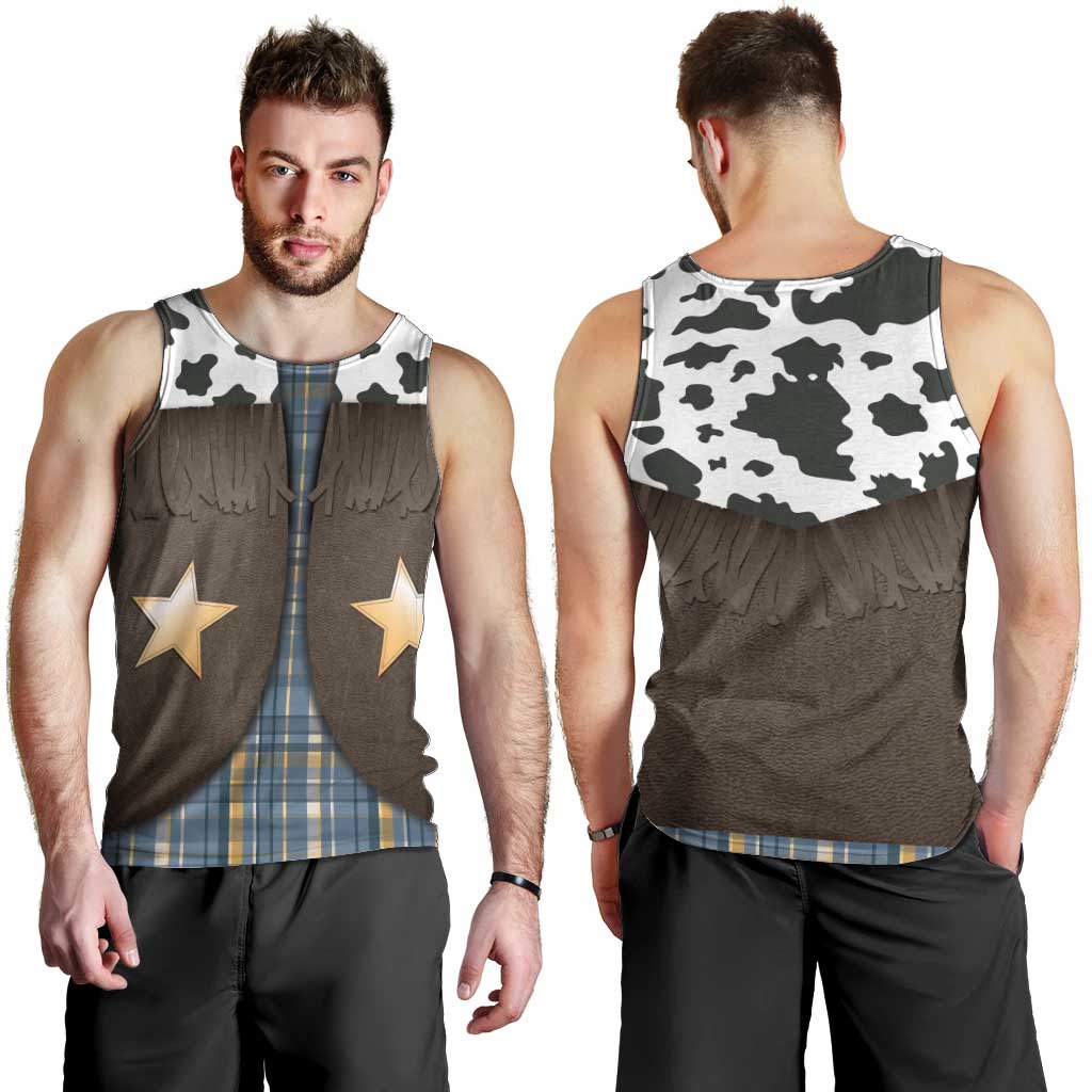 Cowboy Vest Costume Men Tank Top Blue Yellow Plaid Pattern - Wonder Print Shop