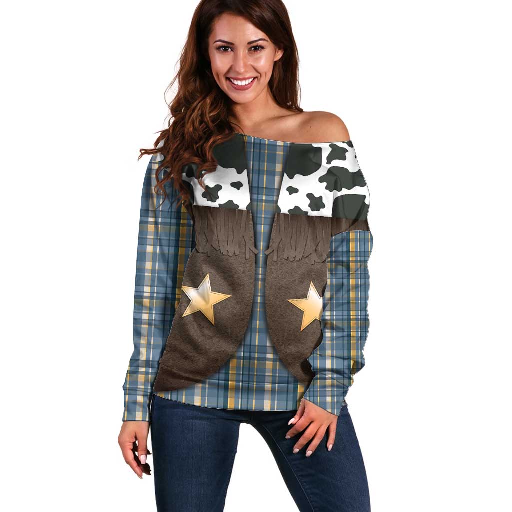 Cowboy Vest Costume Off Shoulder Sweater Blue Yellow Plaid Pattern - Wonder Print Shop