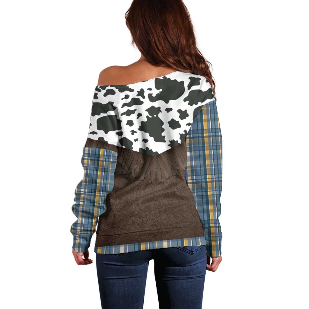 Cowboy Vest Costume Off Shoulder Sweater Blue Yellow Plaid Pattern - Wonder Print Shop