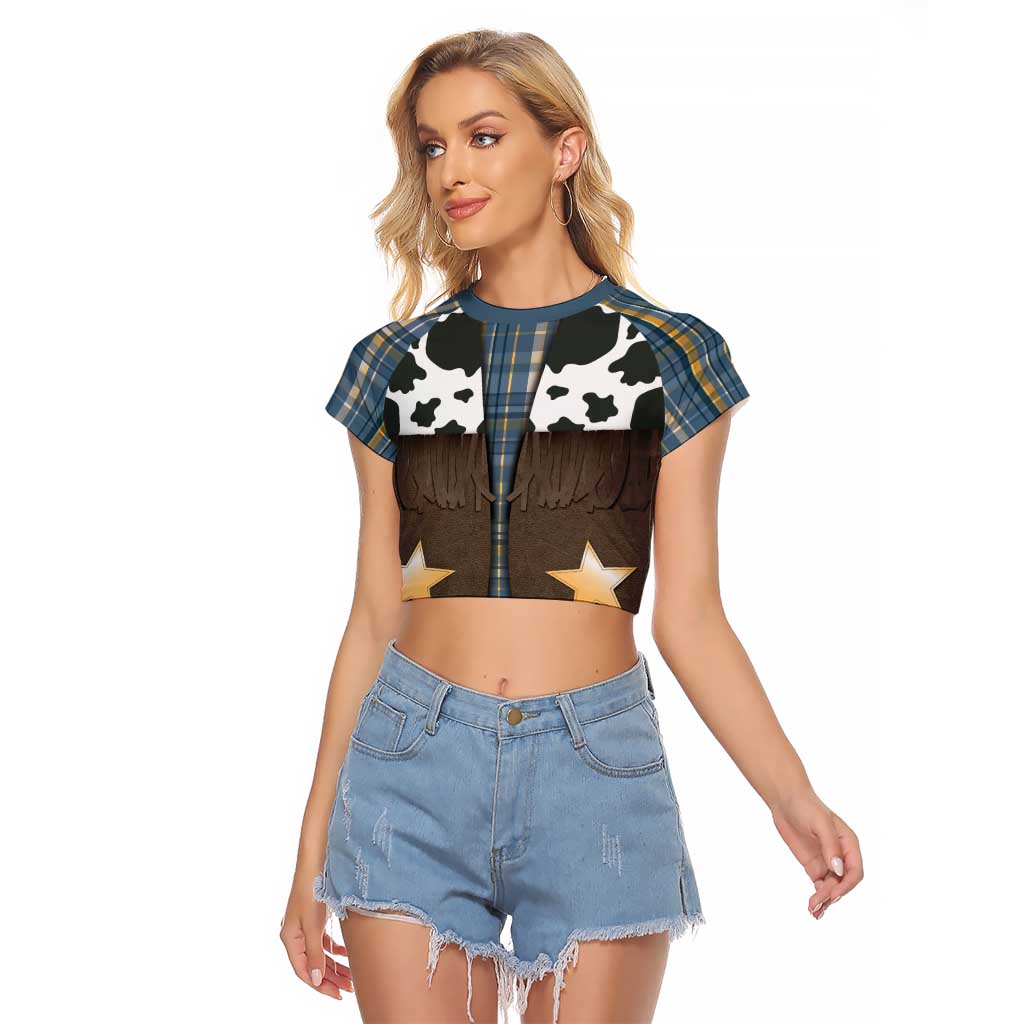Cowboy Vest Costume Raglan Cropped T Shirt Blue Yellow Plaid Pattern - Wonder Print Shop
