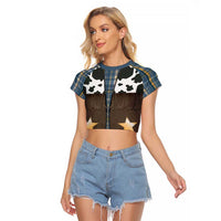 Cowboy Vest Costume Raglan Cropped T Shirt Blue Yellow Plaid Pattern - Wonder Print Shop