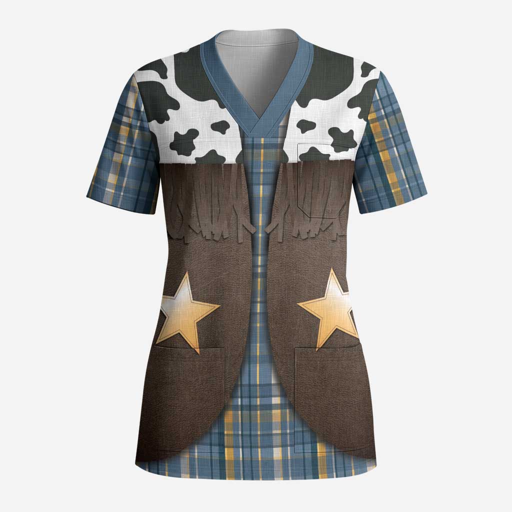 Cowboy Vest Costume Scrub Top Blue Yellow Plaid Pattern - Wonder Print Shop