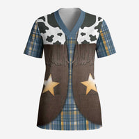 Cowboy Vest Costume Scrub Top Blue Yellow Plaid Pattern - Wonder Print Shop