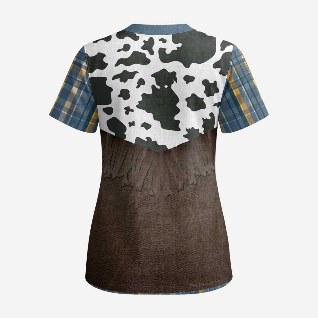Cowboy Vest Costume Scrub Top Blue Yellow Plaid Pattern - Wonder Print Shop