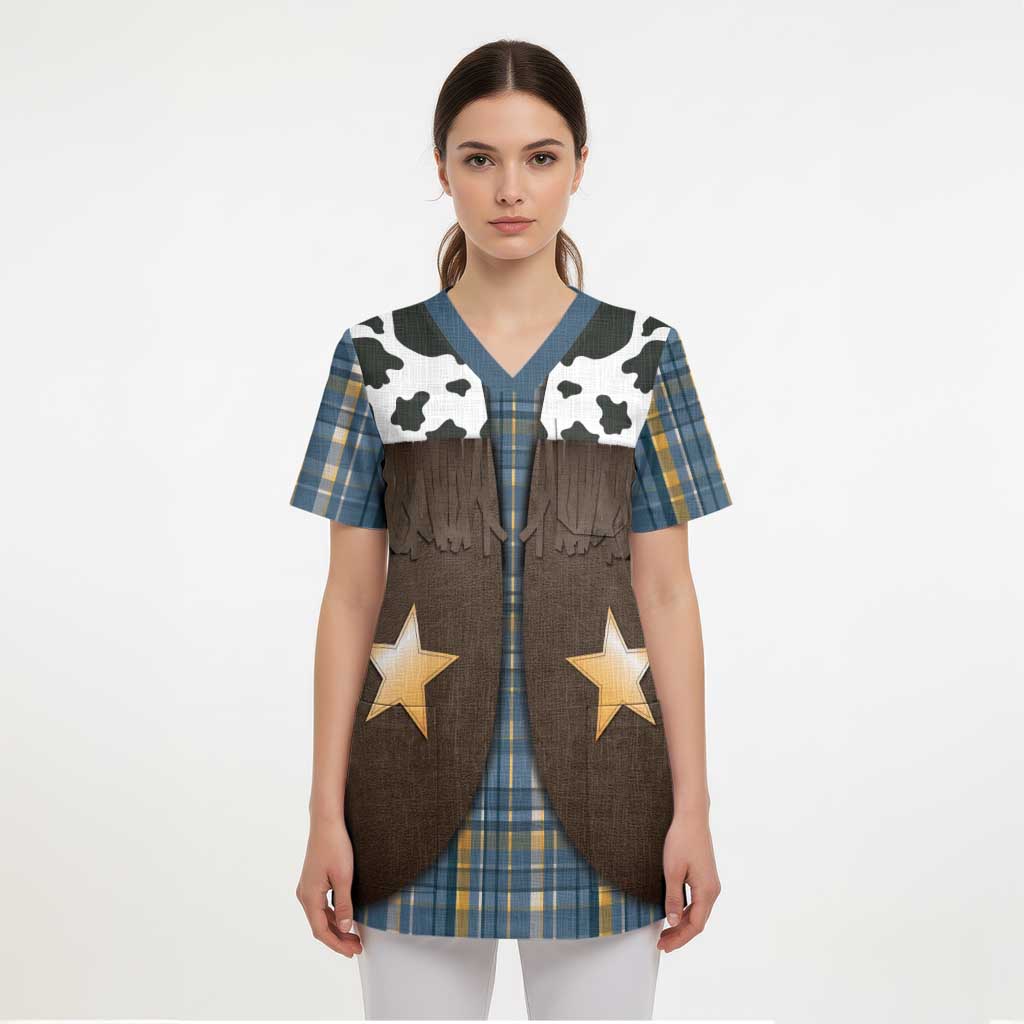 Cowboy Vest Costume Scrub Top Blue Yellow Plaid Pattern - Wonder Print Shop